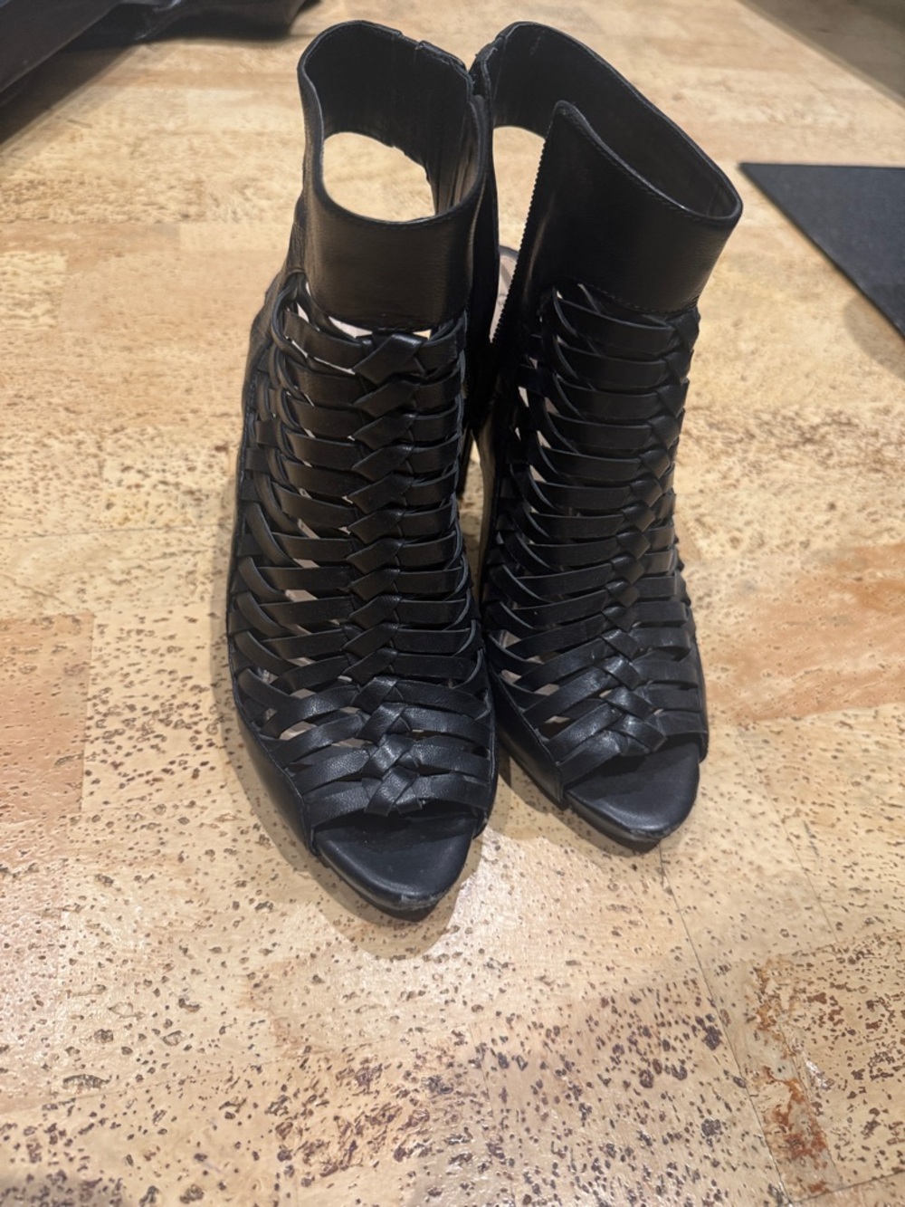 Gianni Bini Black Woven Peep-Toe Ankle Heels
